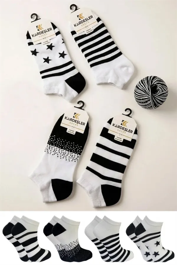 Kadın Pamuk Çok Renkli Patik Çorap 4'Lü Paket