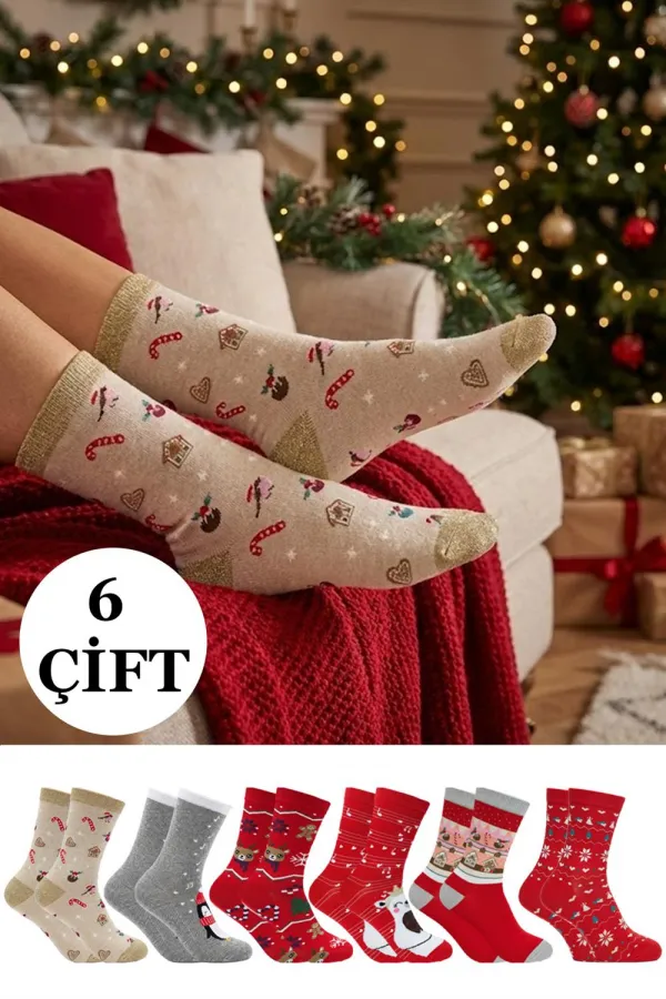 Yılbaşı Noel Christmas Desenli Soket Çorap Renkli 6'Lı Paket