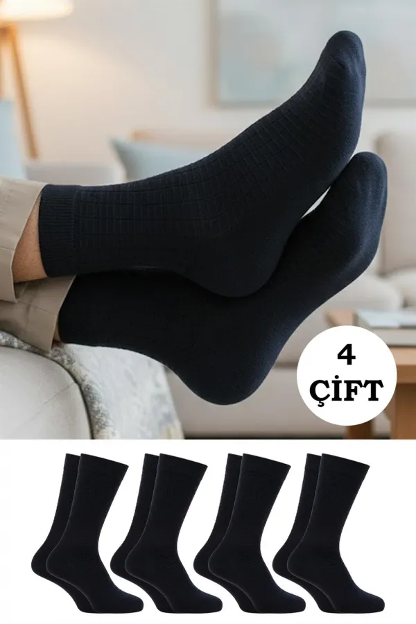 Men's Bamboo Long Ankle Socks, Black, Seamless, 4-Pack, Premium, Boxed