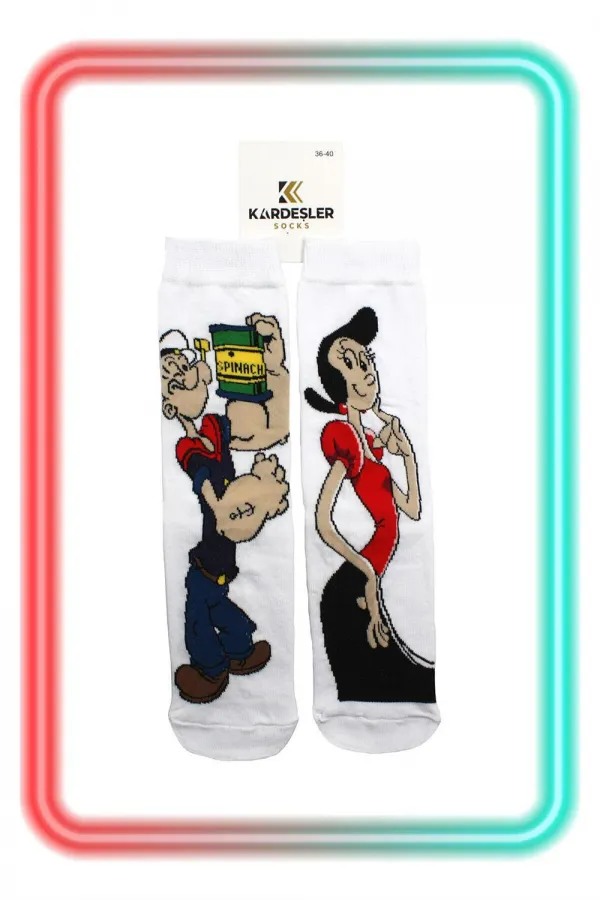 Unisex Colorful Patterned Ankle Socks, Left and Right Sides with Different Popeye and Olive Oyl Designs