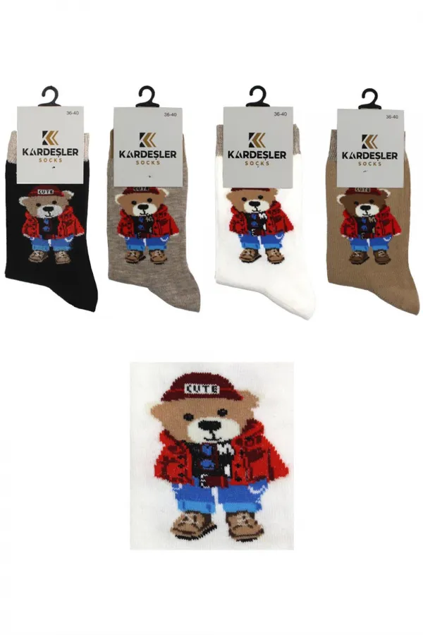 Chaussettes courtes en coton à motif ours coloré pour femmes, lot de 4