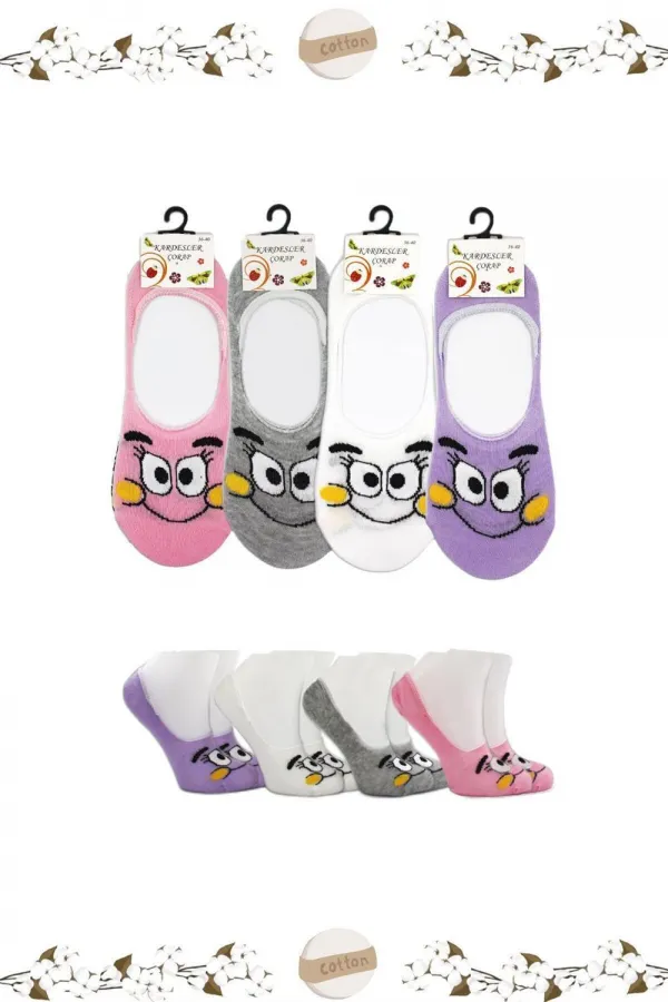 Chaussettes ballerines pour femmes, colorées, en coton, motif visage souriant, invisibles, antidérapantes, talon en silicone, lot de 4