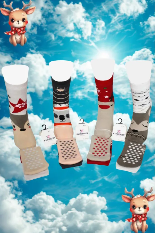 Çoçuk Havlu Çok Desenli Soket Çorap Renkli 4'Lü Paket