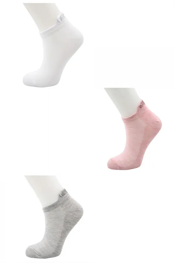 Kadın Çok Renkli Şerit Taş Işlemeli Pamuklu Patik Çorap 3'Lü Paket