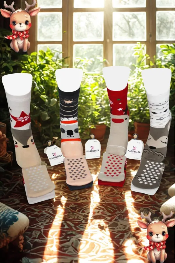 Çoçuk Havlu Çok Desenli Soket Çorap Renkli 4'Lü Paket