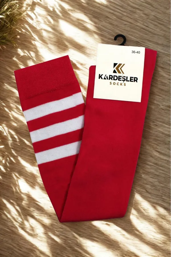 Beyaz Çizgili Kırmızı Diz Üstü Pamuklu Çorap