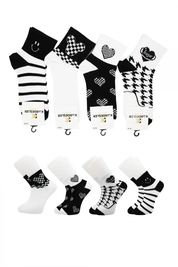 Unisex Siyah-Beyaz Desenli Pamuklu Tenis Çorap 4'Lü Paket