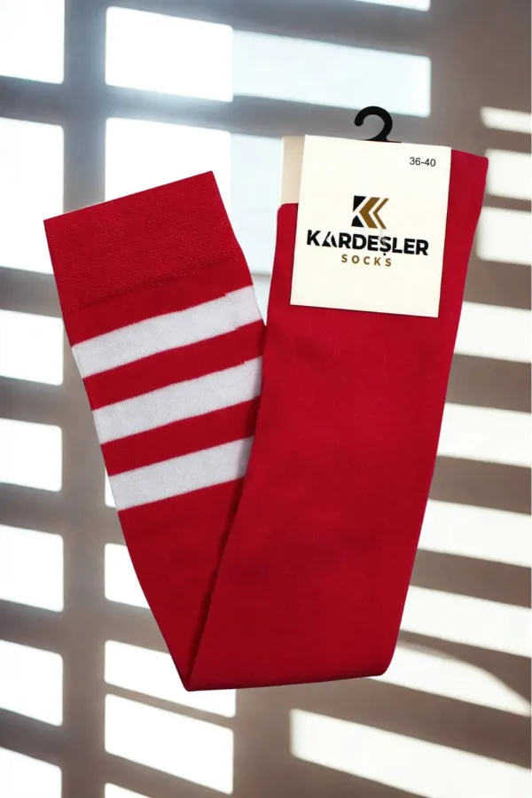 Beyaz Çizgili Kırmızı Diz Üstü Pamuklu Çorap