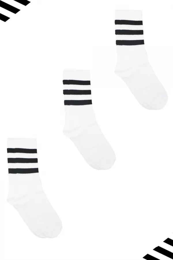 Unisex Renkli Siyah 3 Çizgili Beyaz Soket Tenis Çorap Kolej 3'Lü Paket