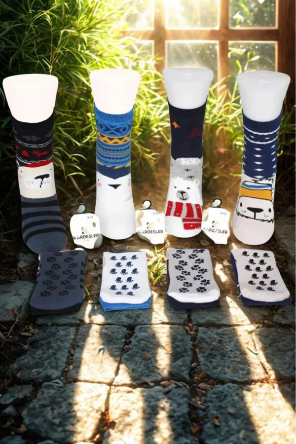 Çoçuk Havlu Çok Desenli Soket Çorap Renkli 4'Lü Paket