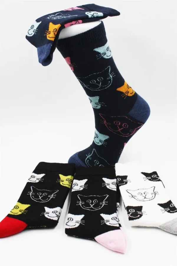 Unisex Kedi Desenli Pamuklu Çorap 4'Lü Paket