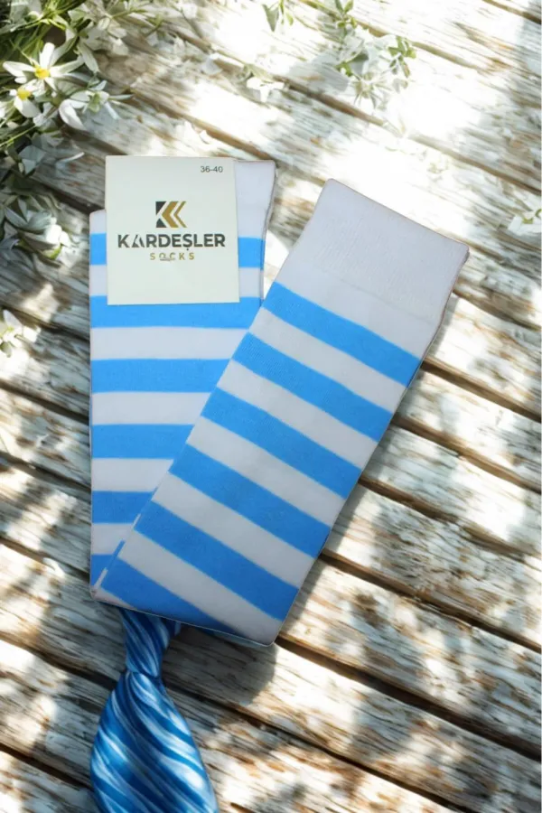 White knee-high cotton socks with blue stripes
