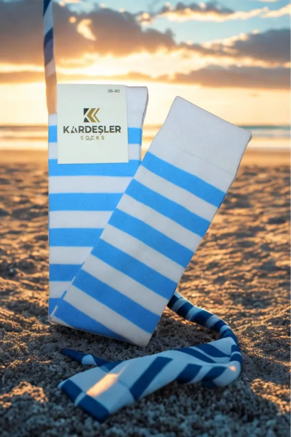 White knee-high cotton socks with blue stripes