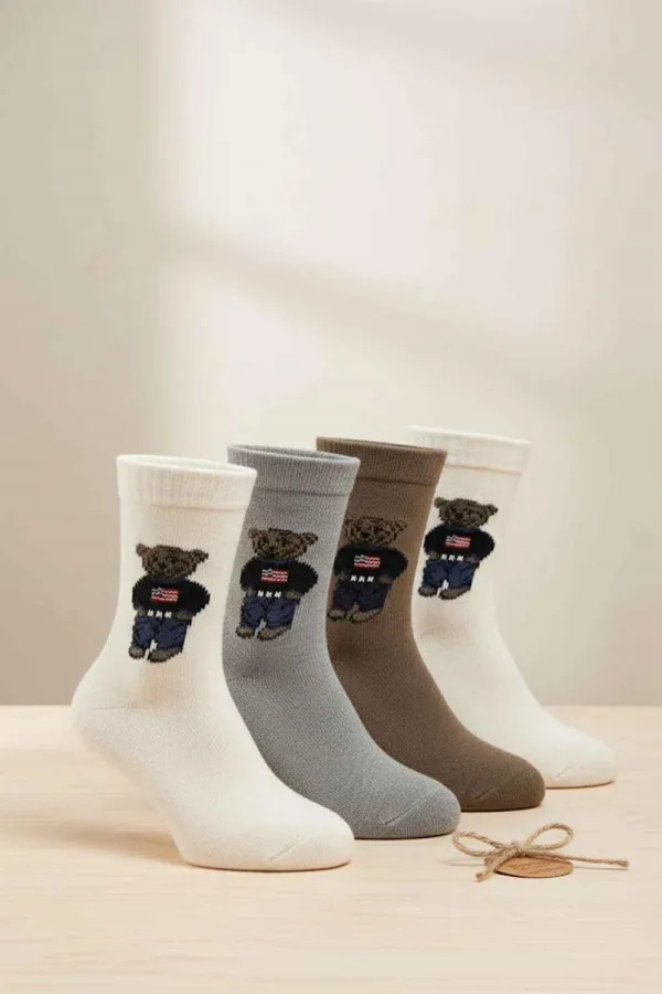 Chaussettes d'hiver épaisses en laine d'alpaga pour femme, motif ours en peluche, lot de 4