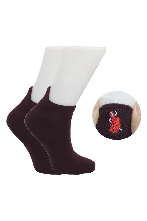 Chaussettes courtes en coton brodé bordeaux pour femme, lot de 4