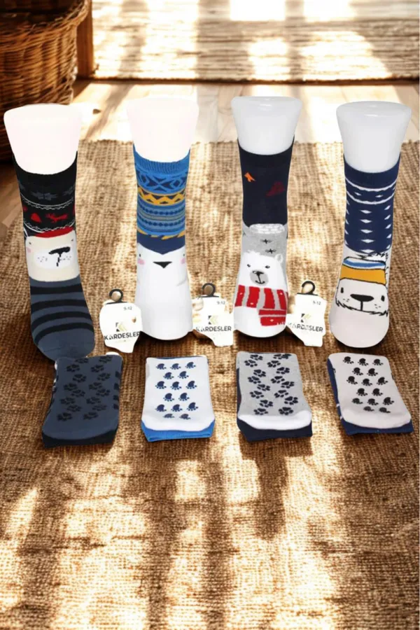 Çoçuk Havlu Çok Desenli Soket Çorap Renkli 4'Lü Paket