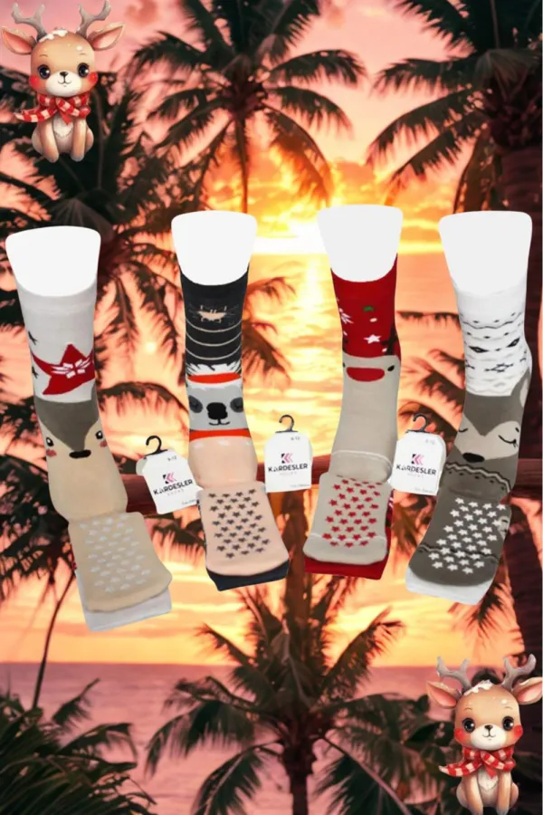 Çoçuk Havlu Çok Desenli Soket Çorap Renkli 4'Lü Paket