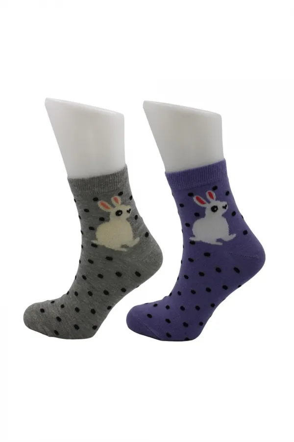 Kadın Çok Renkli Yarım Konç Pamuklu Çorap Tavşan Desenli 4'Lü Paket