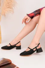 Muggo MESH Kadın Örgü ve File Detaylı Bantlı Arkası Açık Kısa Topuklu Ayakkabı