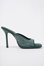 Muggo PUJA Küt Burun İnce Topuklu Taşlı Kadın Topuklu Terlik