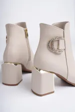 Muggo QADRA Guaranteed Pointed Toe Chunky Heel Women's Boot with Buckle Detail and Zipper