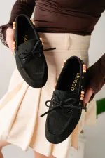 Muggo Multi-Colored Beaded Detail Women's Casual Lace-up Loafer Shoes Muggo Multi-Colored Beaded Detail Women's Casual Lace-up Loafer Shoes