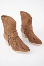 Muggo BURNİNG Garantili Kadın Lazer Kesim Zincir Detaylı Delikli Kovboy Yazlık Topuklu Festival Bot