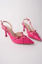 Muggo İCONS Sivri Burun Arkası Açık Kemer Detaylı İki Bantlı Kadın Topuklu Ayakkabı