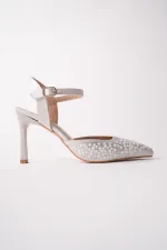 Muggo CLUJ Pearl Embellished Pointed Toe Ankle Strap Women's Dress High Heels