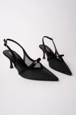 Muggo LOVER Women's Pointed Toe Open Back High Heel Shoes with Mesh Bow Detail