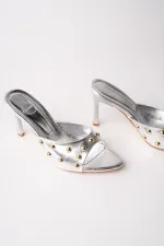 Muggo HELENA Women's Studded Pointed Toe Metal Detailed Stiletto Heeled Slippers