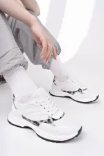 Muggo MELODY Kadın Kalın Taban Günlük Leopar Desenli Bağcıklı Sneaker Spor Ayakkabı