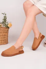 Muggo LİLOW Süet Deri Gold Zımbalı Ayarlanabilir Tokalı Günlük Rahat Önü Kapalı Kadın Sandalet