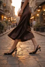 Muggo OURELİA Gold Yüzük Detaylı Sivri Burun Arkası Açık Kadın Topuklu Ayakkabı