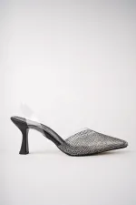 Muggo JULİET Garantili Kadın Sivri Burun Parlak Taşlı Arkası Açık Şeffaf Bantlı Topuklu Ayakkabı