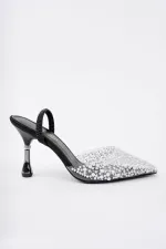 Muggo MARGARET Rhinestone Embellished Pointed Toe Open Back Elastic Women's Classic High Heel Shoes