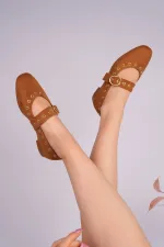 Muggo ZENA Gold Tokalı Zımbalı Deri Kadın Babet Ayakkabı