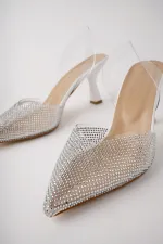 Muggo JULİET Garantili Kadın Sivri Burun Parlak Taşlı Arkası Açık Şeffaf Bantlı Topuklu Ayakkabı