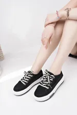 Muggo CARİNA Kalın Taban Keten Kumaş Bağcıklı Kadın Günlük Sneaker Spor Ayakkabı