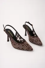 Muggo ARIS Lace Detail Pointed Toe Open Back Thin Heel Women's Dress Shoes
