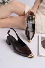 Muggo CHANCE Gold Pointed Toe Open Back Women's Low Heel Shoes with Toe Detail