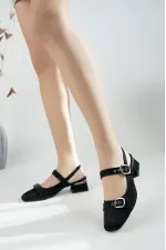 Muggo GİGİ Arkası Açık Küt Burun Çift Kemerli Kadın Günlük Klasik Kısa Topuklu Ayakkabı