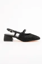 Muggo MESH Kadın Örgü ve File Detaylı Bantlı Arkası Açık Kısa Topuklu Ayakkabı