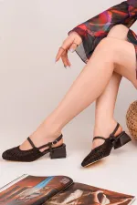 Muggo MESH Kadın Örgü ve File Detaylı Bantlı Arkası Açık Kısa Topuklu Ayakkabı