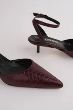 Muggo KICK Women's Crocodile Pattern Pointed Toe Thin Heel Ankle Strap Shoes