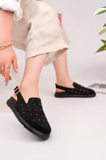 Muggo LİLOW Süet Deri Gold Zımbalı Ayarlanabilir Tokalı Günlük Rahat Önü Kapalı Kadın Sandalet