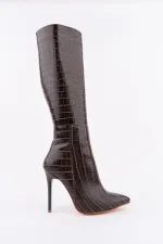 Muggo ZEST Crocodile Pattern Pointed Toe Zip-Up Thin Heel Women's Boots