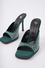 Muggo PUJA Küt Burun İnce Topuklu Taşlı Kadın Topuklu Terlik