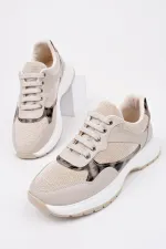 Muggo MELODY Kadın Kalın Taban Günlük Leopar Desenli Bağcıklı Sneaker Spor Ayakkabı