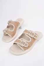 Muggo SARLE Çift Bantlı Ayarlanabilir Kemerli Kadın Günlük Hasır Terlik